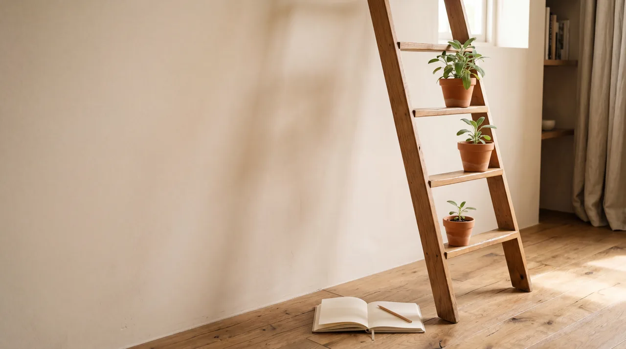 Career-growth metaphor — a ladder set against growing seedlings